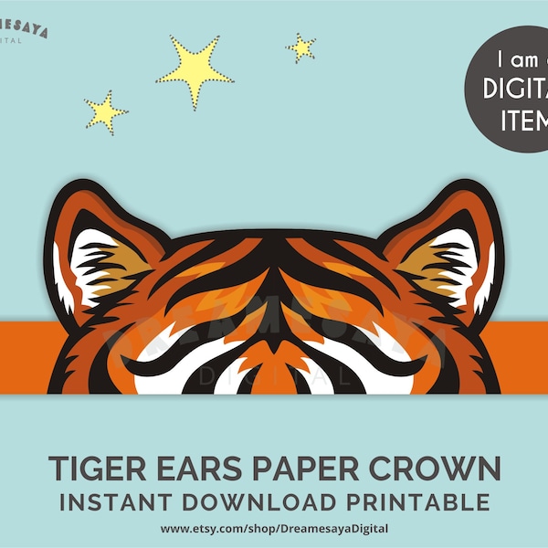 Tiger ears headpiece printable, Fun safari animal party paper crown download