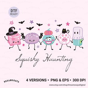 Peut inclure: Une illustration graphique montrant cinq personnages anthropomorphes mignons se tenant par la main, dont un cube rose avec un chapeau de sorcière, un mochi violet, une créature turquoise à tête de citrouille, une patte blanche et un bloc fantôme.