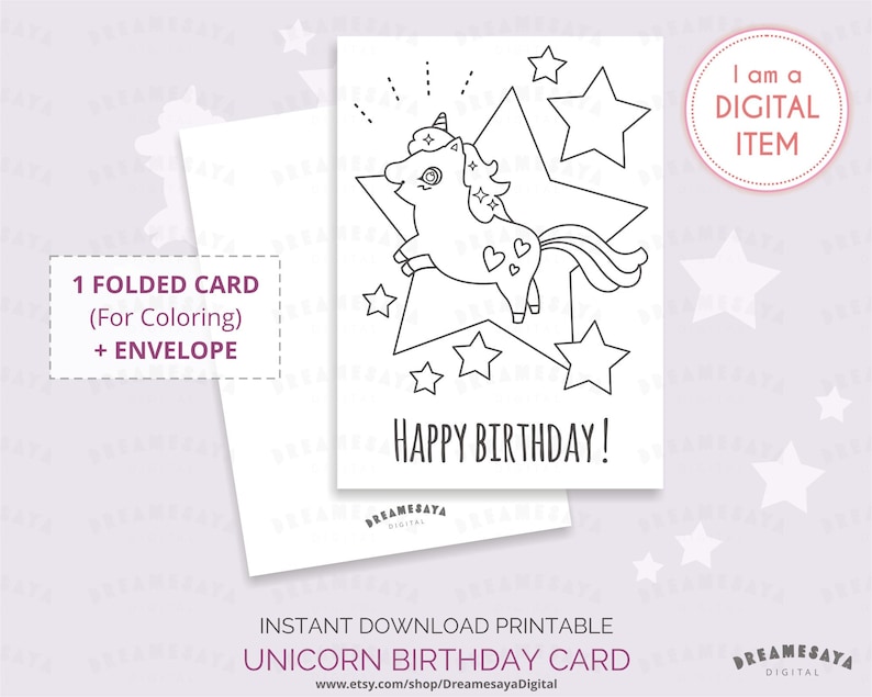 birthday card unicorn printable cute coloring page digital etsy