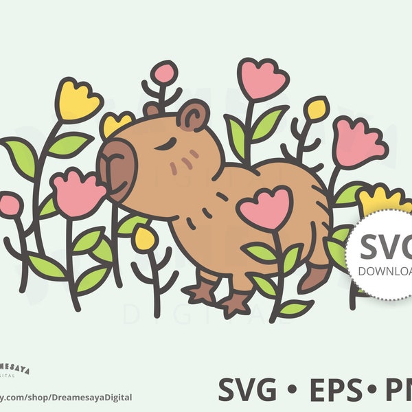 Flower capybara SVG EPS PNG, Kawaii cartoon clip art and cut file of cute rodent surrounded by blossoms