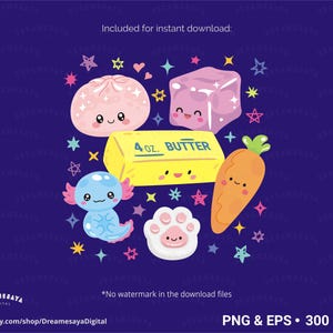 May include: A digital illustration featuring a yellow stick of butter labeled 4 oz. BUTTER, a pink mochi, a purple ice cube, a blue axolotl, an orange carrot, and a white paw print, all with smiling faces, surrounded by colorful stars on a dark blue background.