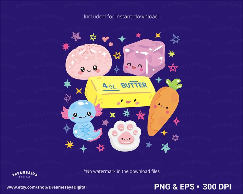 May include: A digital illustration featuring a yellow stick of butter labeled 4 oz. BUTTER, a pink mochi, a purple ice cube, a blue axolotl, an orange carrot, and a white paw print, all with smiling faces, surrounded by colorful stars on a dark blue background.