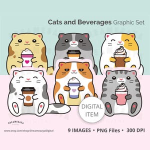 Gemütliches Katzen PNG Clip Art Set entzückender chonky Kätzchen mit Tassen Kaffee launischen Design für den kommerziellen Gebrauch
