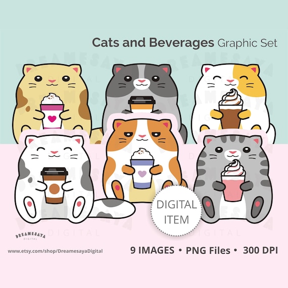 Cozy cats PNG clipart chonky kitties with coffee & drinks commercial use images