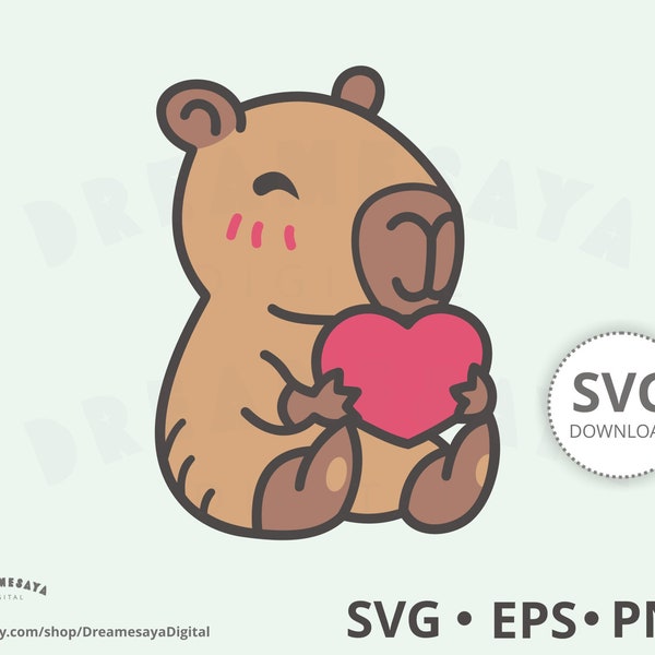 Capybara heart SVG EPS PNG, Cute sitting rodent holding a heart symbol clip art and cut file