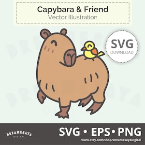 Cute capybara SVG cut file adorable friendly big rodent with a bird on its back PNG clip art