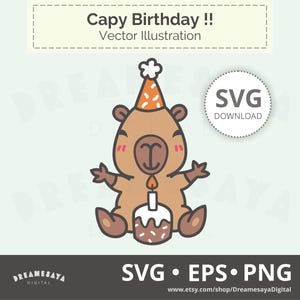 Birthday capybara SVG kawaii chibi rodent with party hat and cake clip art and cut file