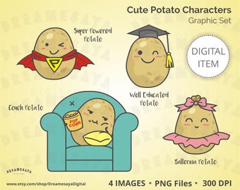 Cartoon potato PNG clip art funny caped hero, ballerina, graduate, and a couch potato