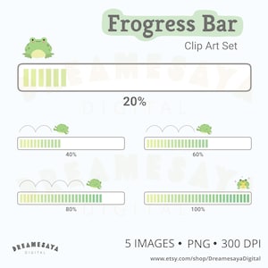 May include: A digital clip art set titled "Frogress Bar" featuring a series of progress bars with frog illustrations. The bars show progress at 20%, 40%, 60%, 80%, and 100%. The set includes 5 images in PNG format at 300 DPI.