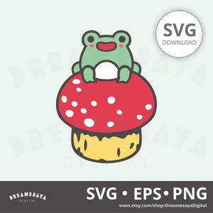 Grenouille mignonne amphibie vert fantaisie kawaii SVG sur un fichier de coupe et de clipart champignon rouge