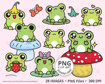 Whimsy frogs PNG clip art bundle kawaii cottagecore round froggy mushroom commercial use clipart