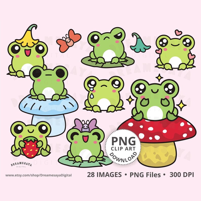 Cute cartoon round chubby green frogs in different poses and mood. There's one holding a strawberry, on a mushroom, on a lily pad, with starry eyes and heart symbols, etc. 28 images, png files, 300 dpi.