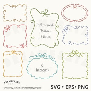 Könnte beinhalten: Eine Sammlung von acht digitalen Rahmen in verschiedenen Farben, die jeweils einen handgezeichneten Linienstil und dekorative Schleifenakzente aufweisen. Der mittlere grüne Rahmen enthält den Text Whimsical Frames & Bows, während der untere mittlere Rahmen 8 Images anzeigt.