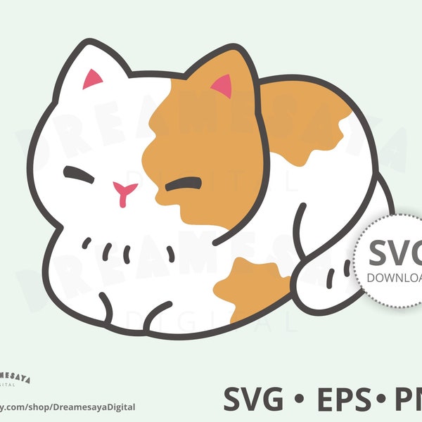 Kattenbrood SVG EPS PNG, Kawaii schattig rustende bicolor wit en oranje kitten gesneden vijl en clipart