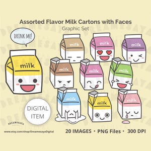 ミルクカートン PNG クリップ アート セット、カラフルでかわいい子供向け乳製品、かわいい顔の画像、商用利用可