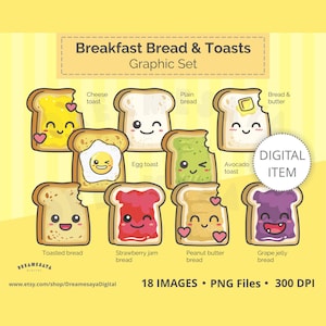 Puede incluir: Un conjunto de 18 ilustraciones digitales de pan y tostadas de dibujos animados lindos con diferentes ingredientes. Las ilustraciones incluyen tostadas de queso, pan simple, pan y mantequilla, tostadas de huevo, tostadas de aguacate, pan de mermelada de fresa, pan de mantequilla de maní y pan de jalea de uva. Las ilustraciones están en formato PNG y tienen una resolución de 300 DPI.