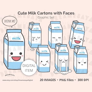 Milk carton PNG set kawaii mood emotion clip art images for commercial use