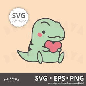 Lindo archivo SVG de corte en capas de T-rex, dinosaurio bebé caprichoso sosteniendo un corazón, diseño de clip art PNG