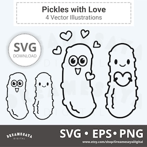 Cornichons à l'aneth contours SVG concombres mignons avec amour coeurs fichier htv coupe et conception de gravure laser
