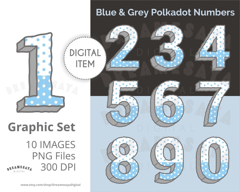 Blue polka dot numbers clipart Rustic block number clip art Pastel blue decorative images for commercial use
