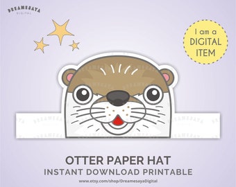 Otter paper hat download, DIY otter paper crown printable, Cute forest animal pretend play props, Instant download kids craft