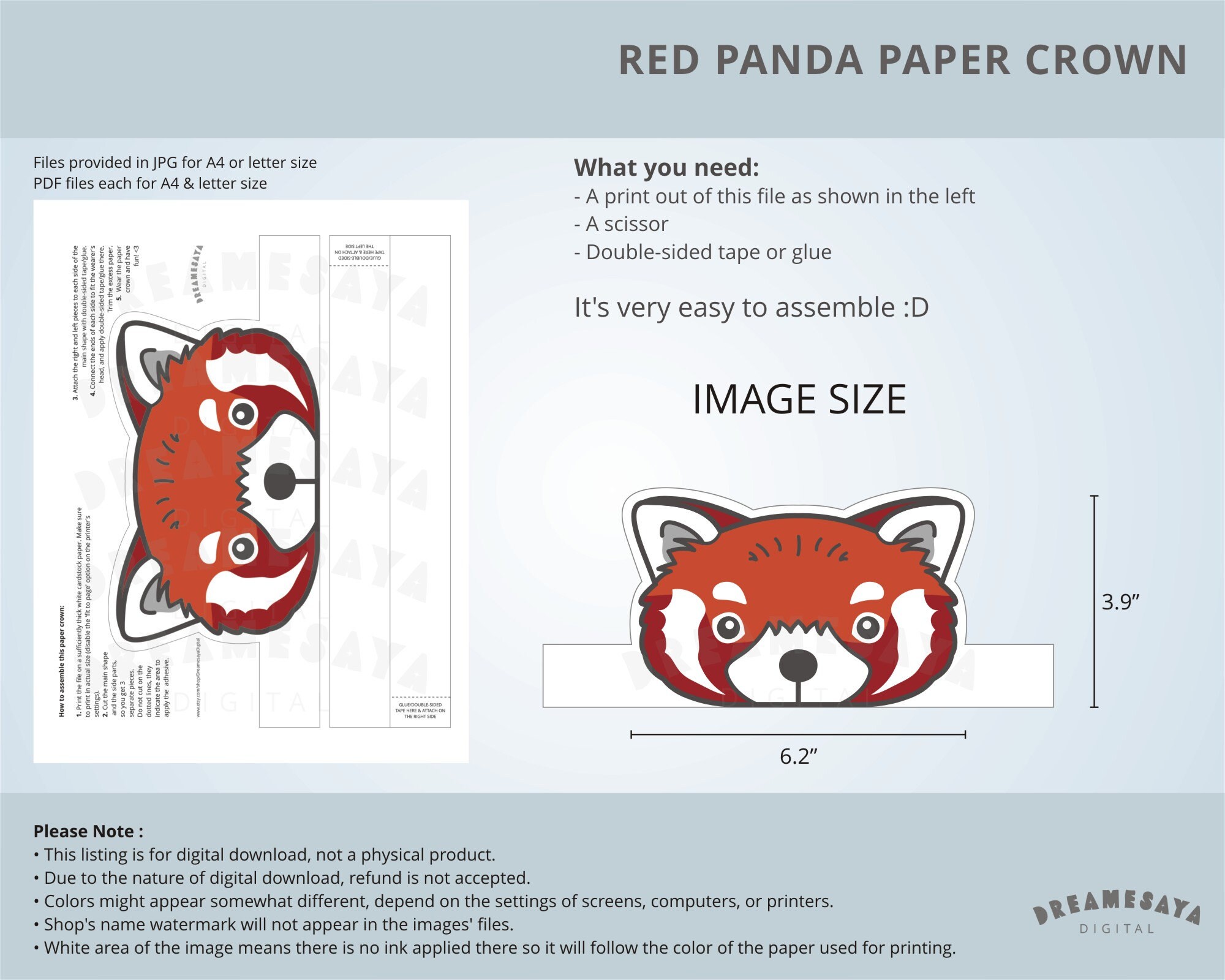 Red Panda PDF Printable Cute Animal Face Paper Crown Craft JPG Instant ...