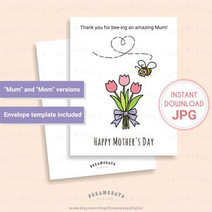 Carte de voeux imprimable JPG de tulipes et d'abeilles pour la fête des mères, fichiers à téléchargement immédiat pour maman ou maman