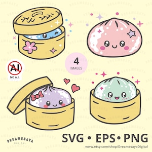 Könnte beinhalten: Ein digitales Illustrationsset mit vier Kawaii-Knödeln mit Gesichtern. Zwei befinden sich in gelben Bambusdämpfern, einer ist ein rosa Brötchen mit Sternen und einer ist ein lila Brötchen mit einer Schleife. Enthält Text 4 IMAGES, NO A.I. sowie SVG EPS PNG.