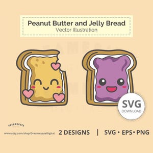 Beurre de cacahuète et gelée SVG coupe des fichiers, illustration vectorielle de jolie paire de pain PBJ pour l'artisanat