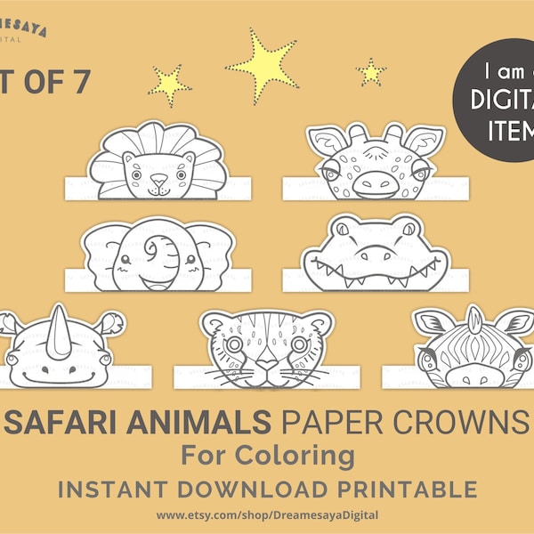 Safari paper hats bundle of 7 download, Lion Giraffe Elephant Crocodile rhino cheetah zebra animal party crowns for coloring