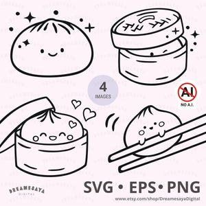 Può includere: Un set di quattro illustrazioni in bianco e nero con graziosi ravioli, alcuni all'interno di cestelli per la cottura a vapore in bambù e altri tenuti da bacchette. La grafica include il testo 4 IMAGES, NO A.I., e SVG EPS PNG.