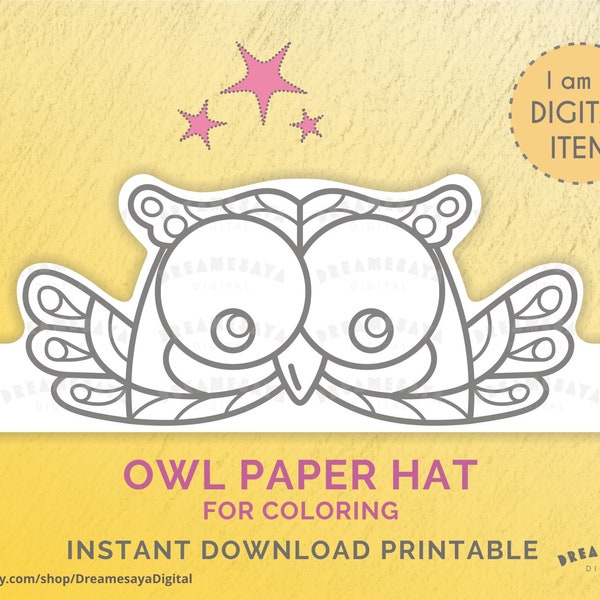 Owl paper crown for coloring, Downloadable animal paper hat black and white, Children cute birthday party favor, Printable cute owl coloring