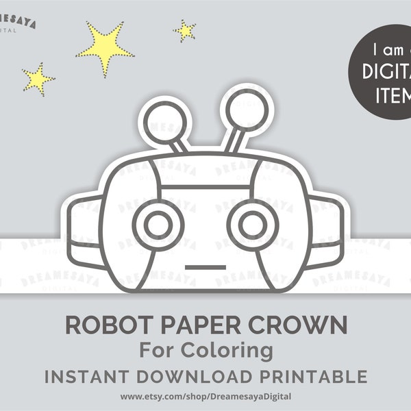 Robot coloring paper hat printable, Downloadable robotic head black and white outlines image to color