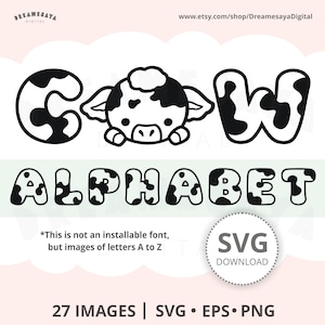 Letras de vaca SVG, patrón de piel de animal de granja, imágenes del alfabeto, archivos de corte de contorno HTV y diseño de grabado láser