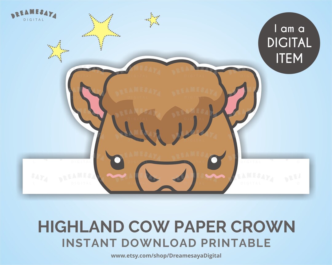 Highland Cow Paper Crown Printable Files, Cute Scottish Animal Headband ...