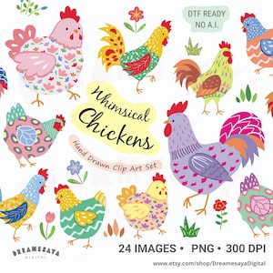 Whimsical chicken clipart bundle colorful quirky hens and roosters rustic farmhouse clip art design
