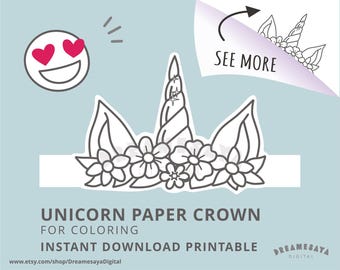 Unicorn coloring page JPG printable magical horn and ears PDF paper crown download kids party favor files