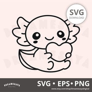 Baby axolotl SVG outline cute sitting salamander with love htv cut file and laser engraving design