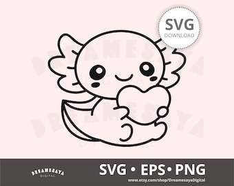 Baby axolotl SVG outline cute sitting salamander with love htv cut file and laser engraving design