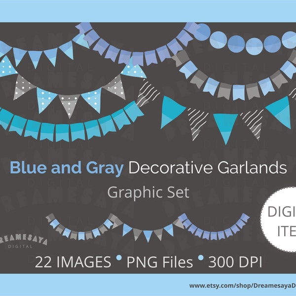 Blue bunting clipart, Decorative aqua garlands clip art, Pastel blue and gray cute banner images, small commercial use graphics set