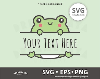 May include: A green frog with big eyes and a smile peeking over a white banner with the text "YOUR TEXT HERE".