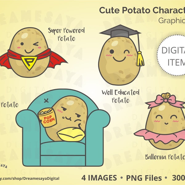 Clipart potato kawaii, Cute cartoon potatoes characters includes hero with super power, ballerina, graduated student, and a couch potato