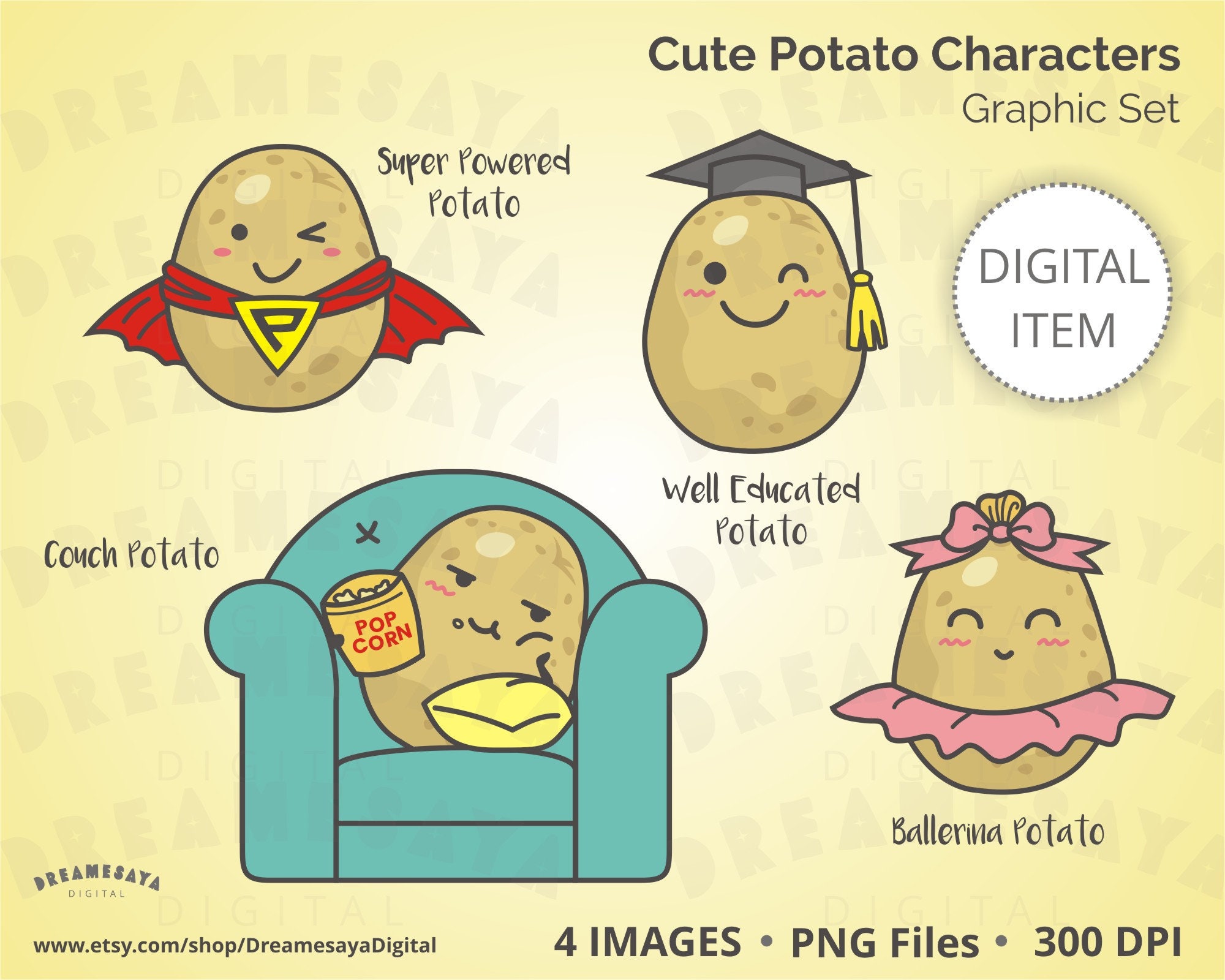Clipart potato kawaii, Cute cartoon potatoes characters includes hero with  super power, ballerina, graduated student, and a couch potato