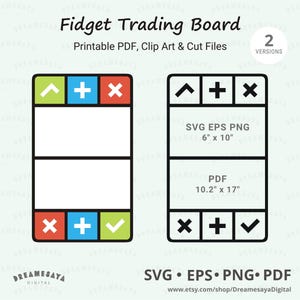 Puede incluir: Un diseño digital de Fidget Trading Board con dos versiones. Una versión muestra cuadrados coloridos con símbolos, mientras que la otra muestra contornos negros con etiquetas de texto que incluyen SVG, EPS, PNG, 15,24cm x 25,4cm, PDF y 25,9cm x 43,18cm.
