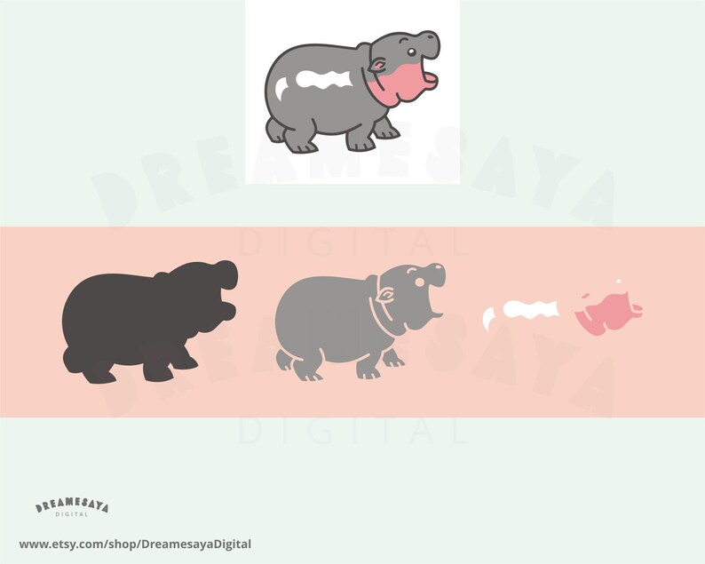 Baby Hippo SVG, Cute Cartoon Pygmy Hippopotamus Cut File and PNG Clip