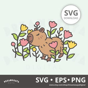 Capibara de flores SVG EPS PNG, clip art de dibujos animados kawaii y archivo recortado de un lindo roedor rodeado de flores