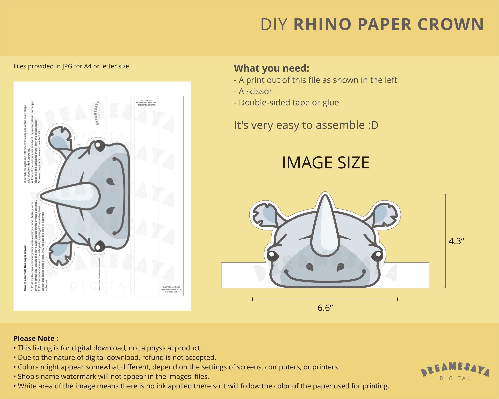 Rhino Paper Crown JPG Printable Fun Safari Rhinoceros Party Headpiece ...