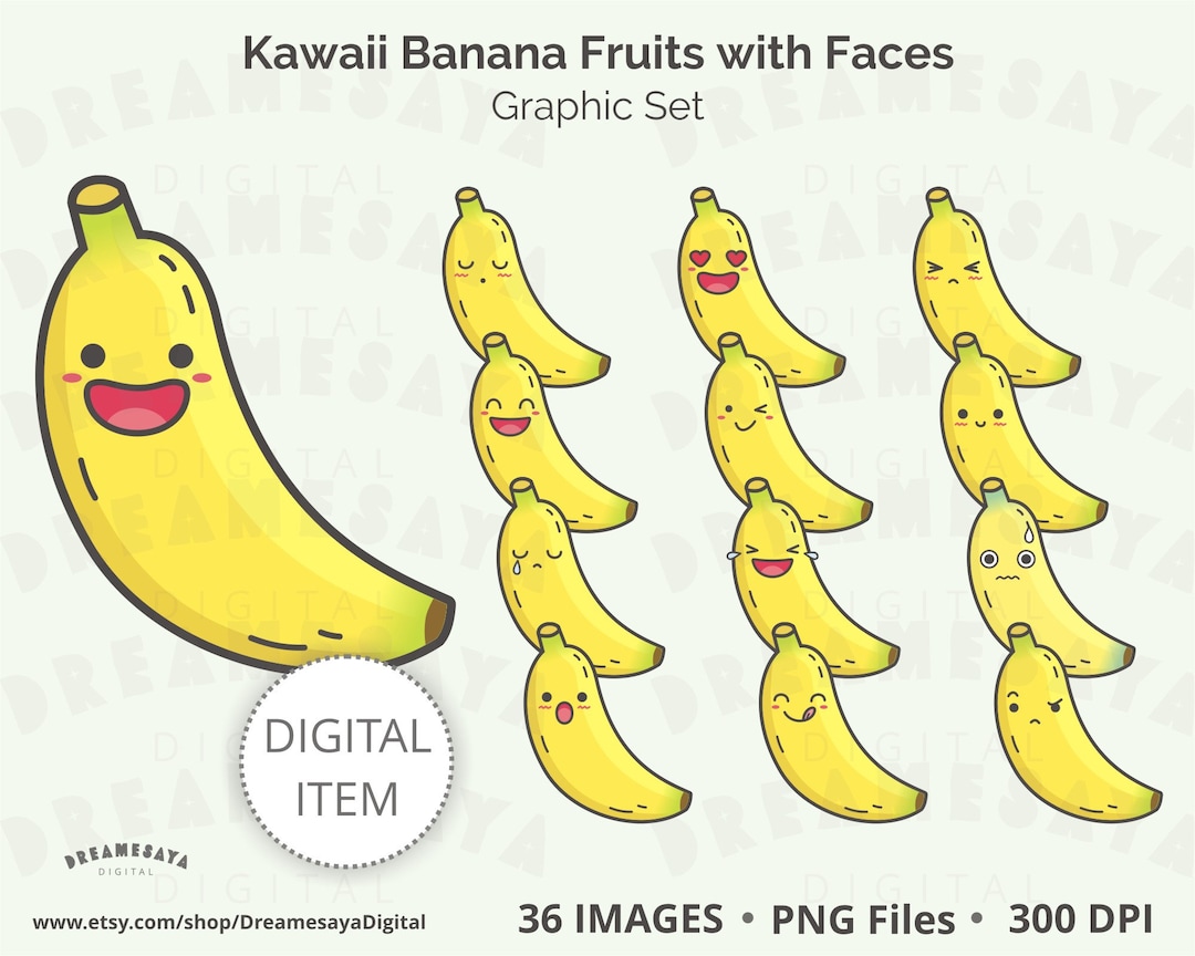 Kawaii Banana Clipart Cute Cartoon Yellow Fruits in Different Etsy