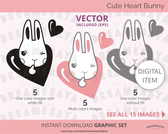 Valentine Vector Kids Bunny With Hearts Clipart Commercial Etsy