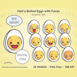 Whimsy Egg PNG-clipartpakket met schattige gekookte halve eieren digitale download voedselafbeeldingen voor commercieel gebruik
